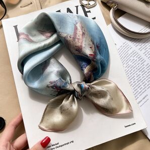 100%シルク スカーフ 海岸風景プリント 53*53cm053