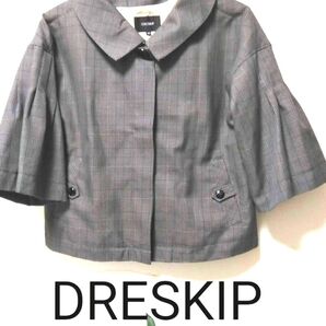 【未使用】DRESKIPハーフジャケットL グレーンチェック ボレロ ランタンスリーブ 襟付け外し 上品