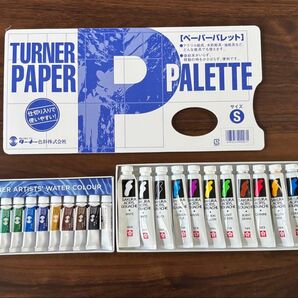 ターナー色彩 透明水彩絵具 12色、サクラクレパス アクリルガッシュ12色13本 、ターナー ペーパーパレット S まとめ売り