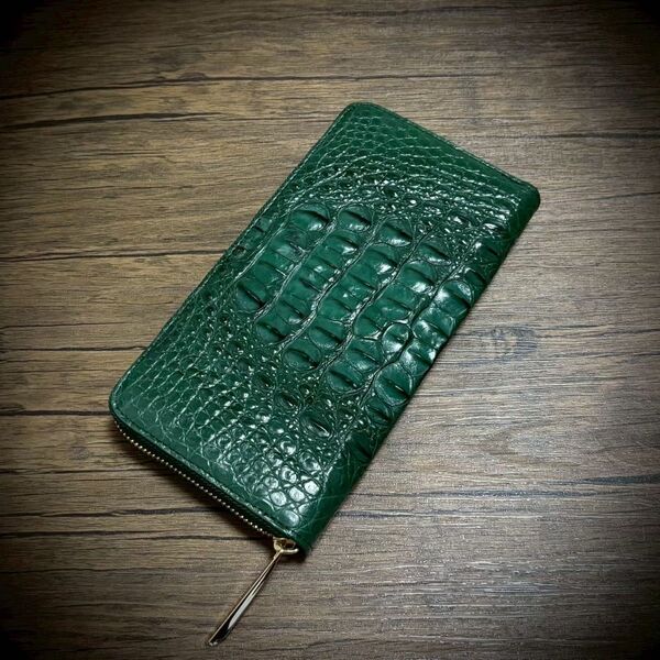 クロコダイル メンズ財布 長財布 大容量 カード25枚 背部 ホーンバッグ グリーン 緑 ワニ革 本物証明書付 ゴールドファスナー