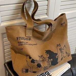 キャンバス 帆布 ネコ柄 レディース トートバッグ 裏地あり かた掛け 猫柄