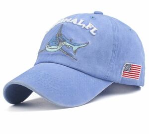 ビンテージ加工　サメ　キャップ　　ライトブルー　　　シャーク　アメリカ　国旗　　フィッシング　釣り人　魚市場　　海賊