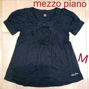 150　メゾピアノ　ブラック　リボン&レース　Tシャツ 半袖Tシャツ