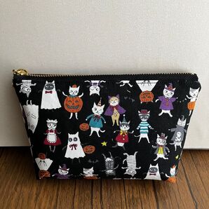 マチ付き 16cmファスナーポーチ ハロウィン ブラック 猫 ハンドメイド ポーチ ねこマチ付きポーチ お薬手帳入れ 化粧ポーチ