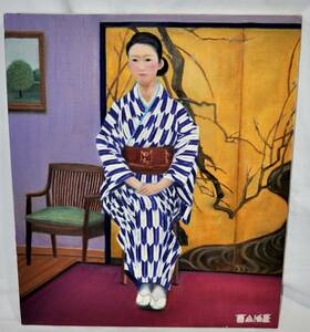 AT-18【美品】「koji TAKEmoto」の《油彩画》『矢柄の和服女性』Ｆ10号 作家名 “竹本浩二”