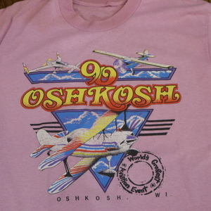 90s OSHKOSH World's Greatest Aviation Tシャツ ピンク EAA Air Venture 飛行機 ジェット機 ヘリコプター 航空 イベント ヴィンテージ