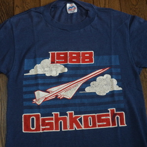 1988 USA製 OSHKOSH Tシャツ M ブルー EAA Air Venture 飛行機 ジェット機 ヘリコプター 航空 イベント イラスト 80s ヴィンテージ