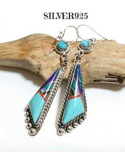 4693 SILVER925zni earrings long silver 925 in Ray Indian jewelry turquoise azromala kite coral large beautiful stone 