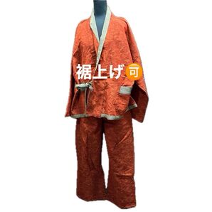 着物リメイク、作務衣服、紬風布ウール、上下セット レンガ系、ウエストゴム調整可能サイズM〜3L、大ポケット2個、旅行仕事着、身長有