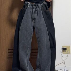 デニムパンツ ワイドパンツ ドローコード パッチワーク ストリート 古着 リメイク ブラック グレー