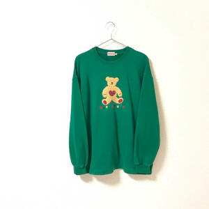 80s★MIKIHOUSE ミキハウス★メンズ スウェット トレーナー 熊 テディベア 緑 グリーン size M プルオーバー 管:A:９