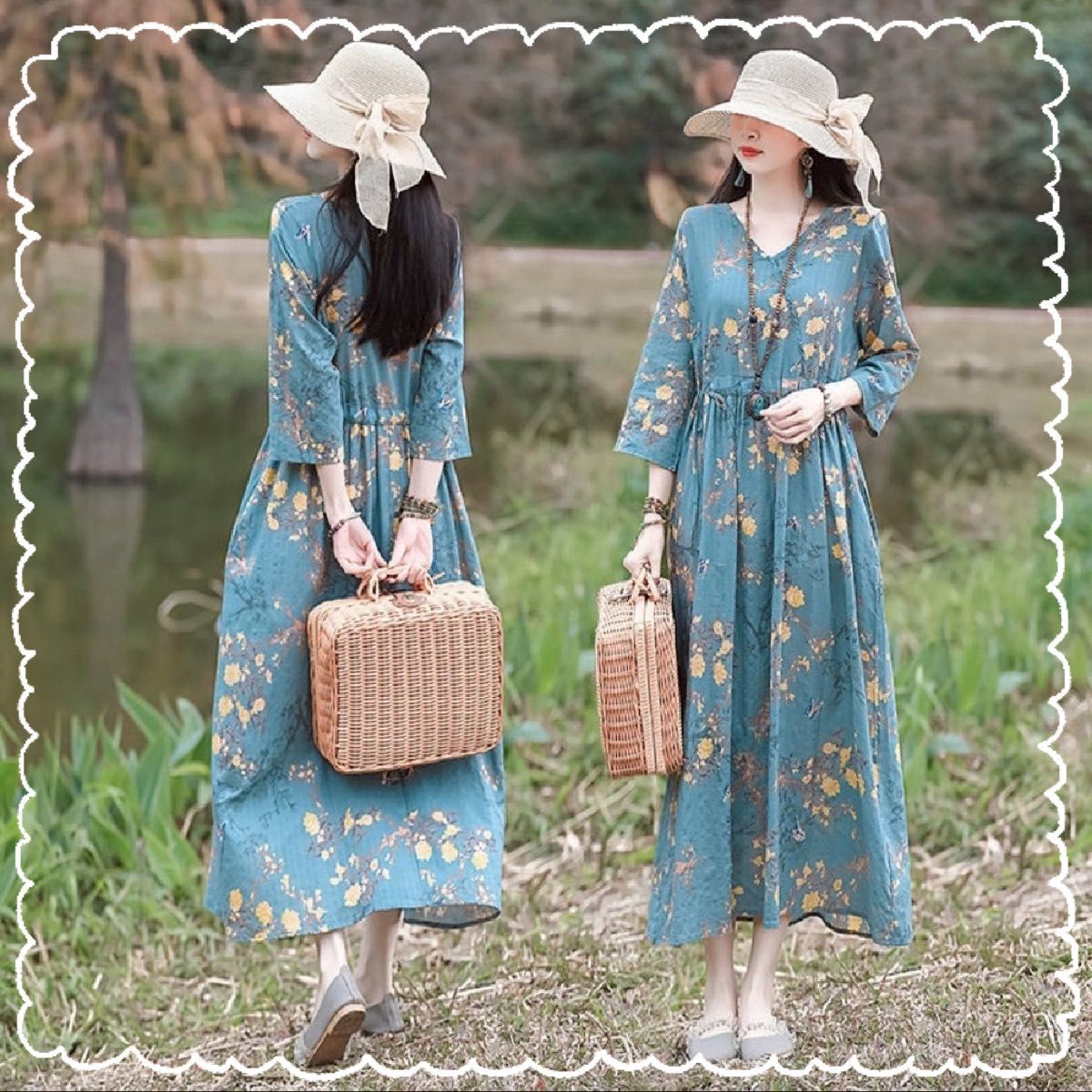 ロングワンピース ワンピース 七分袖 花柄 ハイウエスト ゆったり ワンピ ロング丈 夏 楽ちん 普段着 お出かけ