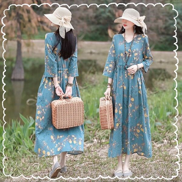 ロングワンピース ワンピース 七分袖 花柄 ハイウエスト ゆったり ワンピ ロング丈 夏 楽ちん 普段着 お出かけ