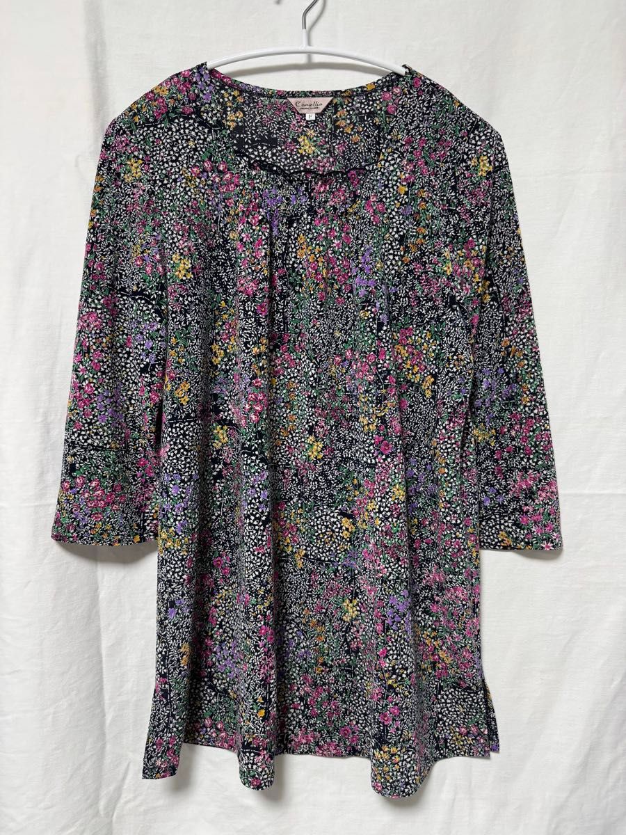 小花柄 七分袖チュニックトップス シャツ F カットソー フリーサイズ