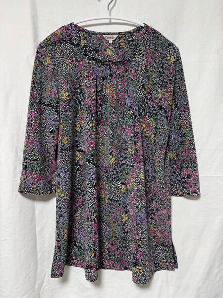 小花柄 七分袖チュニックトップス シャツ F カットソー フリーサイズ