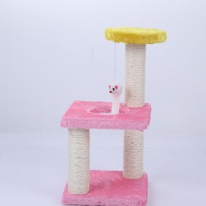 122 キャットタワー 組み立て簡単 3階建て ピンク×イエロー