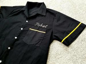 美品 70s～ 80s ビンテージ 背中刺繍 ボーリングシャツ 黒 黄 M 位 アメリカ古着