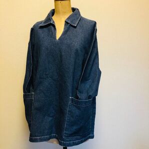 ホームワーキング HOME WORKING デニム調シャツ チュニック丈 長袖 Vネック ポケット付き