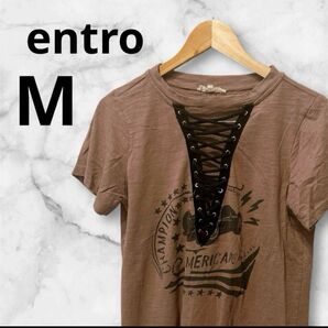 entro ブラウン レースアップ Tシャツ M