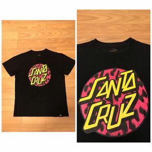 良品☆SANTA CRUZ S/S Tee／サンタクルーズ サイズS 希少フロントBIGロゴ&レオパード柄 プリントTシャツ 黒色 ブラック SK8 スケートボード