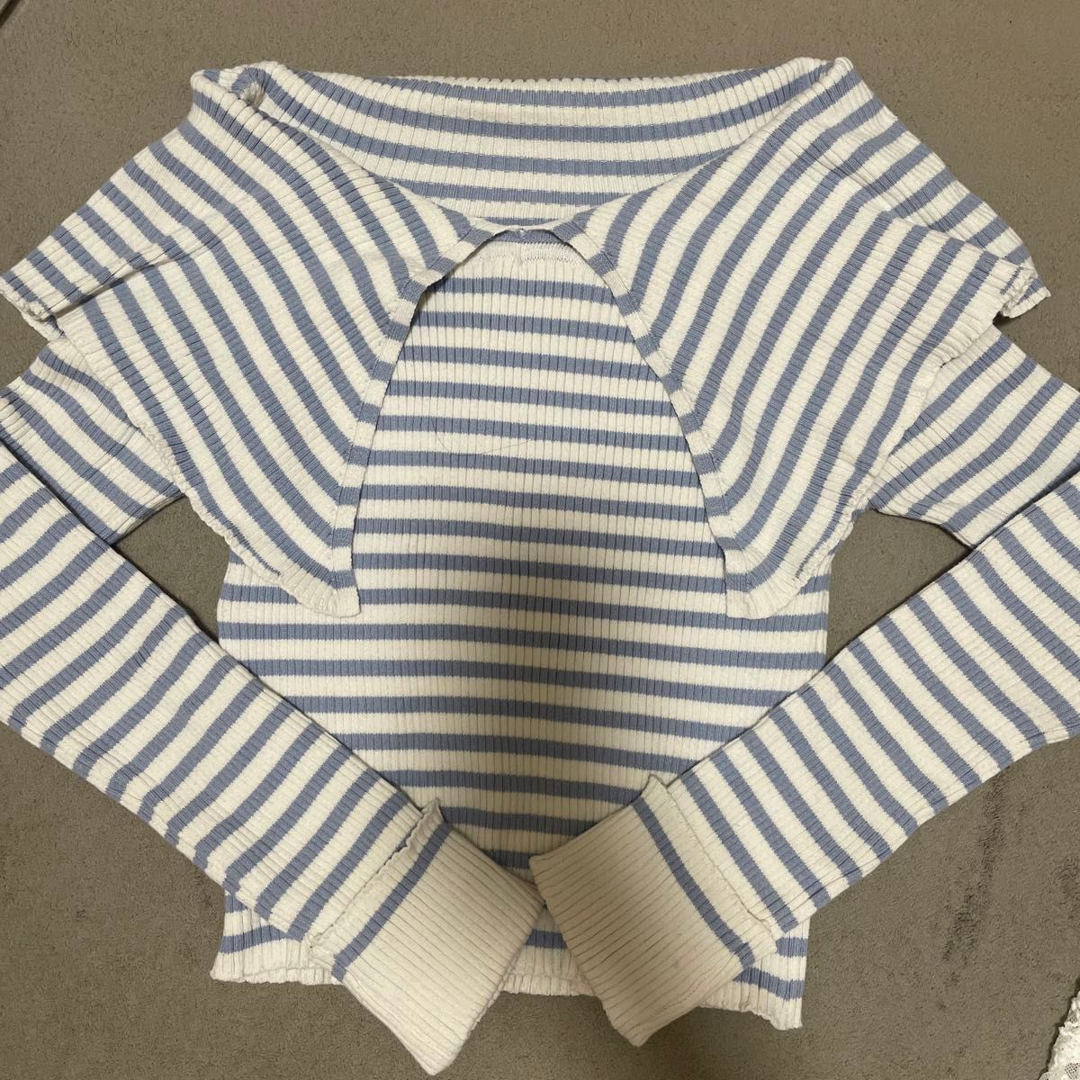 【CHICO】ボーダー柄リブニットトップス オフショルダー ブルー