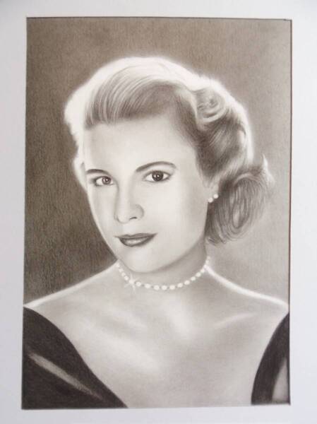 〇鉛筆画・宅配80サイズ 人物画 美人画 グレース・ケリー公妃 (195×285) 絵画 美人画