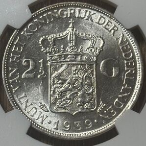 【AU58】NGC 1939 オランダ 2.5ギルダー ウィルヘルミナ女王 銀貨 古銭 コイン