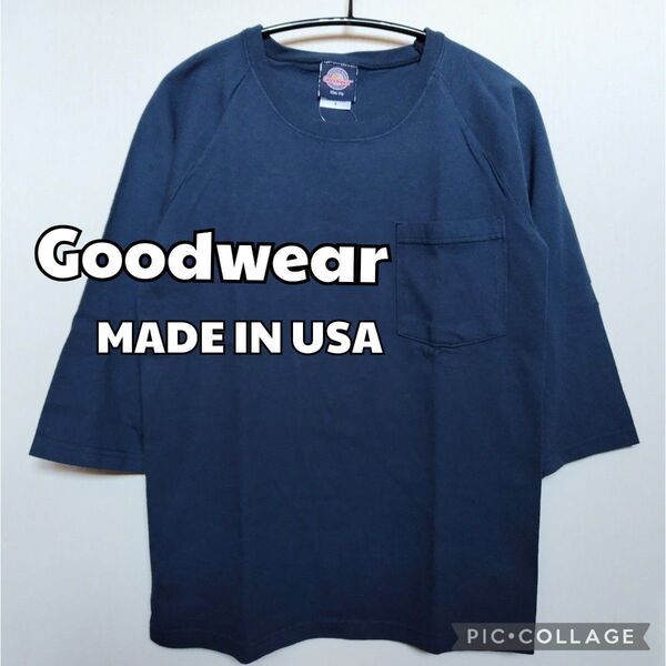 ■新品未使用■MADE IN USA【Goodwear/グッドウェア】USAコットン 7分袖 ラグランTシャツ、Sサイズ、ネイビー