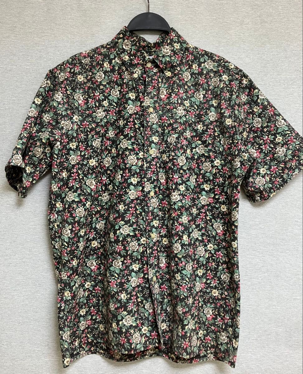 レインスプーナー 半袖アロハシャツ 花柄 ブラック Sサイズ 総柄 ボタンダウン