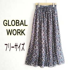 GLOBAL WORK グローバルワーク★ダマスク柄 アラベスク柄 幾何学模様 総柄 マキシ丈ロング フレアスカートFウエストゴム