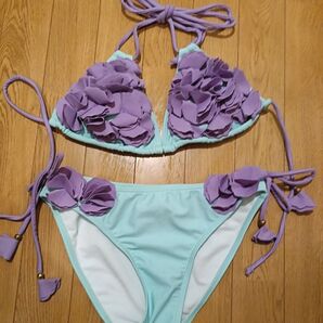 ビキニ ミントグリーン 水着 フラワー フリルビキニ 11号 三角ビキニ