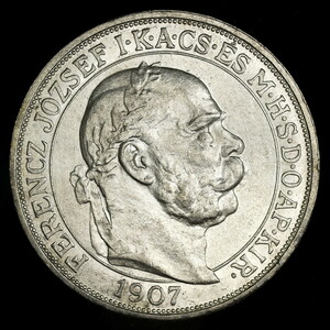 ■■ハンガリー 5コロナ銀貨 1907年KB フランツ・ヨーゼフ 戴冠40年記念 PCGS MS63 未使用品 稀少!■■