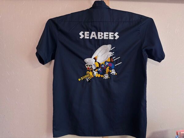 Dickies 半袖シャツ XL NAVY SEABEES刺繍 ミリタリー 少々汚れアリ ディッキーズ 紺