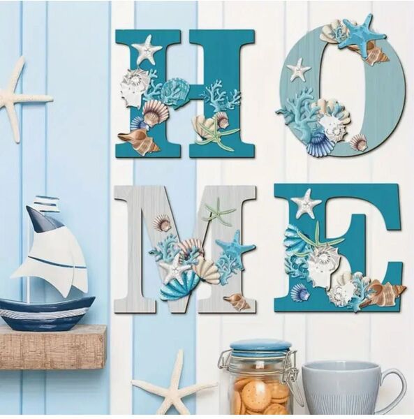 木製プレート HOME 壁飾り 壁掛け インテリア 夏 青 海洋デザイン 雑貨 北欧 おしゃれ 飾り 壁紙