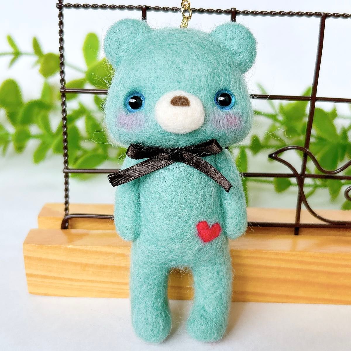 おっきなあにまる　くま　ブルー　羊毛フェルト　バッグチャーム　ハンドメイド