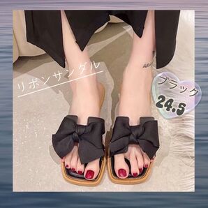 サンダル レディース 黒 リボン 旅行 海 プール 夏 靴 ぺたんこ おしゃれ