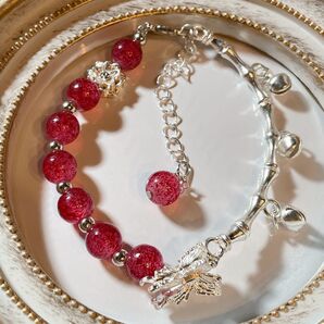 【相場以下!!】ブレスレット 赤いビーズ シルバー 鈴 竹モチーフ アクセサリー