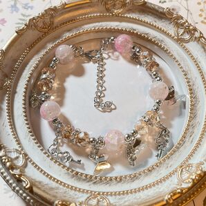 【相場以下!!】ブレスレット ピンク シルバー キーチャーム 蝶チャーム