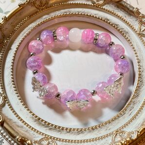【相場以下!!】クラック水晶ブレスレット ピンク パープル ローズクォーツ 蝶々 バタフライ