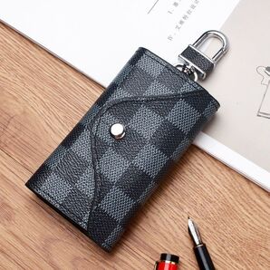 市松模様 格子柄 チェック柄 キーケース 折り畳み ブラック