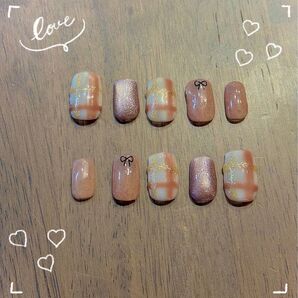 手書き風チェックネイルチップ チェック柄 マグネット キラキラ リボン ジェルネイル ネイルチップ 秋ネイル ハンドメイド
