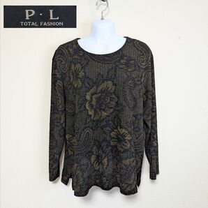 P.L 花柄ニット 長袖 トップス カットソー レディース 肩パッド 丸首 カットソー 長袖 トップス 黒 婦人服 50代 60代