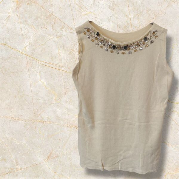 Joseph A. 【L】ビーズ装飾 タンクトップ クリーム色 ノースリーブ