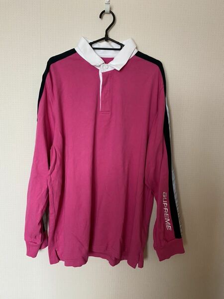 1回着美品◆Supreme シュプリーム ラガーシャツ Reflective Sleeve Stripe Rugby ◆ピンク◆サイズL