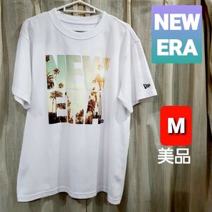 NEW ERA ニューエラ Tシャツ 白T デカロゴ ヤシの木 パームツリー M ホワイト 美品 ドライ 速乾 冷感クール素材