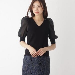 インデックス index Vネックドッキングパフスリーブニット ブラック 38 Mサイズ
