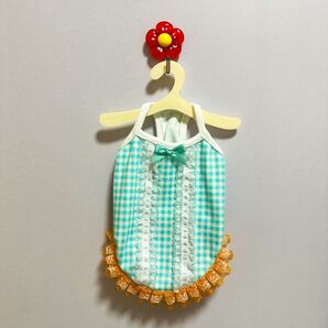 犬服 ドッグウェア チェック柄 フリル リボン グリーン SSサイズ 極小犬 小さい犬