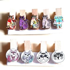 猫 木製クリップ 10個セット かわいい マルチカラー C