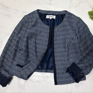 13号 Sourire ツイード ノーカラージャケット フォーマル 紺 ラメ