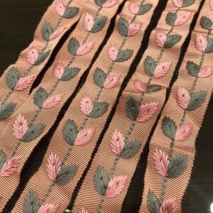 手芸用 刺繍 リボン ピンク グレー 葉っぱ模様 グログラン 40センチ 5本